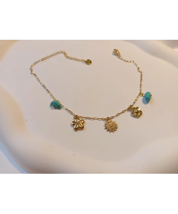 Euro Aksesuar Gold Kaplama Güneş ve Çiçek Figürlü Turkuaz Taşlı Çelik Halhal