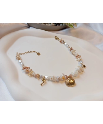 Gold Kaplama Doğal Taş Görünümlü Krem Çelik Halhal (22-26 cm)