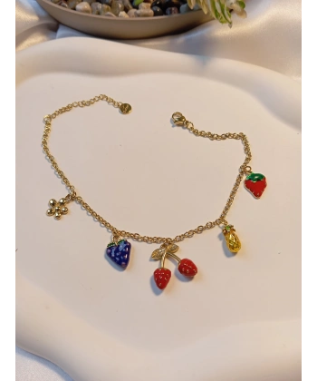 Meyve Figürlü Gold Kaplama Renkli Çelik Halhal (21-26 cm)