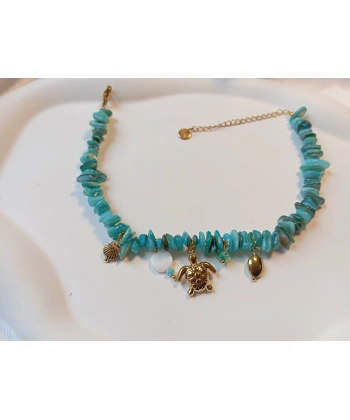 Turkuaz Doğal Taş Görünümlü Kaplumbağa Figürlü Gold Çelik Halhal (21-26 cm)