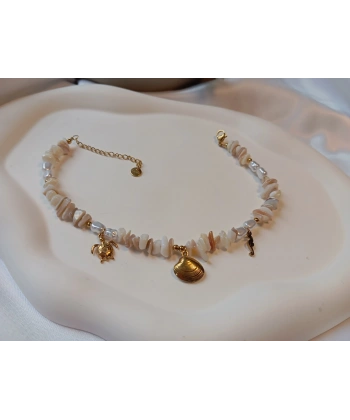 Gold Marin Figürlü Krem Doğal Taş Görünümlü Çelik Halhal (23-28 cm)