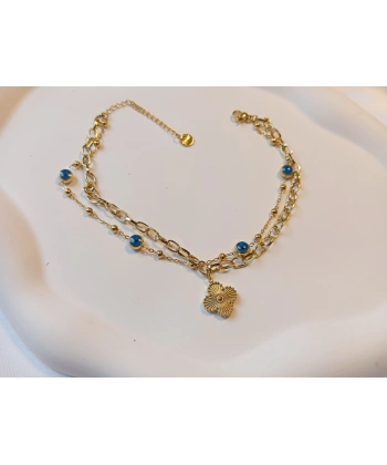 Ürün Adı Euro Aksesuar Paslanmaz Çelik Gold Çift Sıra Nazar Boncuklu ve Yonca Figürlü Halhal (22-27 cm)