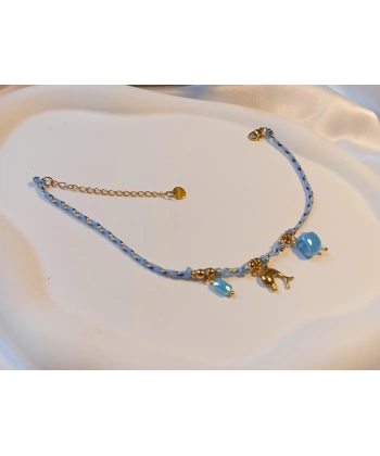 Euro Aksesuar Çelik 14 Ayar Altın Kaplama Yunus Figürlü Mavi Örgü Halhal (22-27 cm)