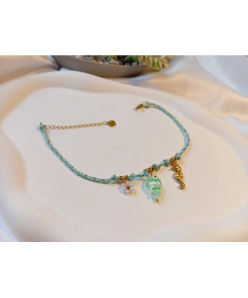 Euro Aksesuar Çelik 14 Ayar Altın Kaplama Deniz Atı Figürlü Turkuaz Örgü Halhal (21-26 cm)