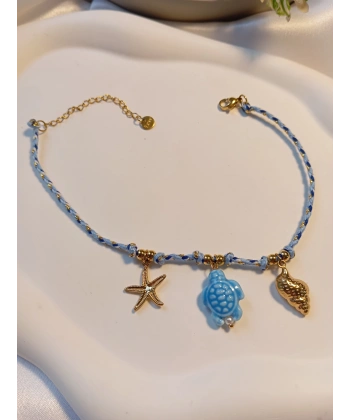 14K Altın Kaplama Çelik Deniz Yıldızı ve Kaplumbağa Figürlü Halhal (23-28 cm)