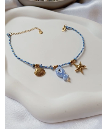 Euro Aksesuar 14K Altın Kaplama Deniz Yıldızı ve Balık Figürlü Çelik Halhal (22-27 cm)