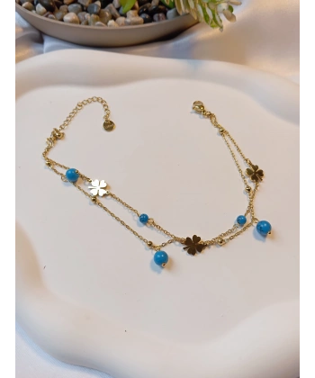 Euro Aksesuar 14K Altın Kaplama Çift Zincirli Yonca Çelik Halhal