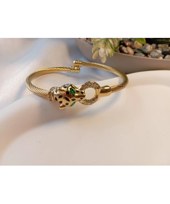 Euro Aksesuar 14K Altın Kaplama Yeşil Gözlü Panter Detaylı Çelik Kelepçe Bileklik