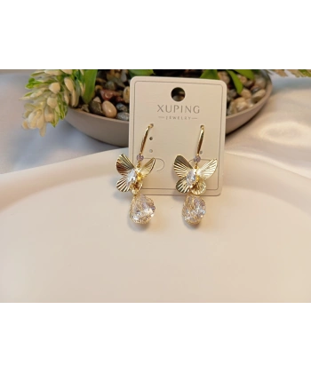 Xuping Jewelry 14 Ayar Altın Kaplama Kristal Damla Detaylı Kelebek Küpe (4 cm)