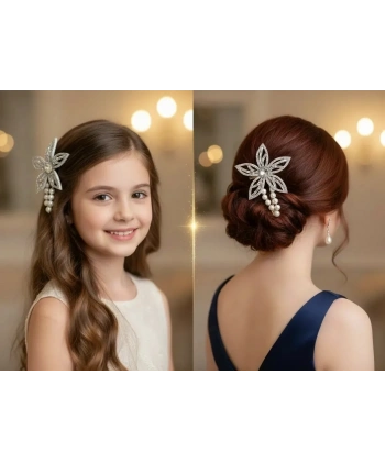 Euro Aksesuar Kristal Taşlı Çiçek Figürlü ve İncili Lüks Yan Toka Seti (Siyah, Gold, Gümüş)