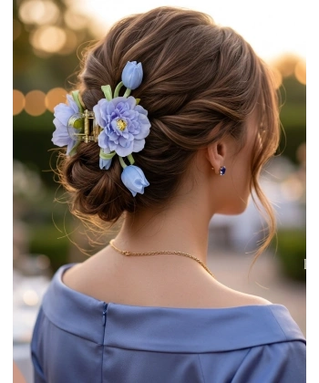 Euro Aksesuar Romantik Bahar Serisi Lale ve Şakayık Detaylı Büyük Boy Çiçekli Mandal Toka