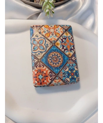 8x2 cm Çini Motifli Mavi Turuncu Taşlı Dikdörtgen Cep Aynası