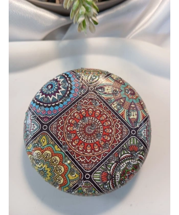 Etnik Mandala Desenli Işıltılı Yuvarlak Cep Aynası