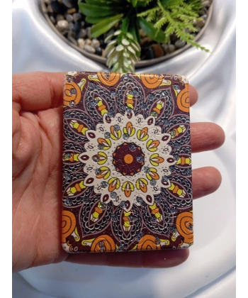 Kahverengi ve Turuncu Mandala Desenli Işıltılı Dikdörtgen Cep Aynası (7x1 cm)