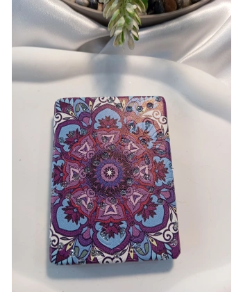 Mor ve Mavi Mandala Desenli Işıltılı Dikdörtgen Cep Aynası (7x1 cm)