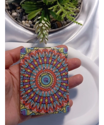 Pastel Renkli Mandala Desenli Işıltılı Dikdörtgen Cep Aynası (7x1 cm)