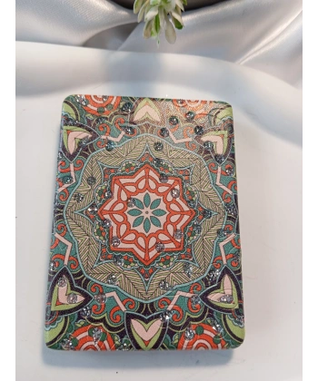 Yeşil ve Turuncu Tonlarında Mandala Desenli Işıltılı Dikdörtgen Cep Aynası (7x1 cm)