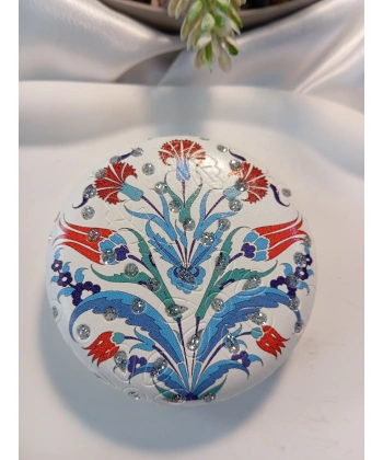 Geleneksel Çini Lale ve Karanfil Motifli Işıltılı Yuvarlak Cep Aynası