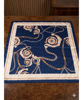 90x90 Lacivert Zincir Desenli Saten Fular