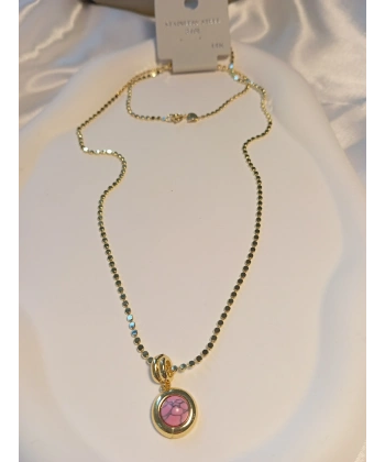 14 K Kaplama Ezme Zincir Detaylı Pembe Renkli Çelik Kolye