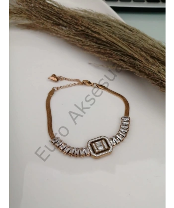 Altın Kaplama Zirkon Taşlı Çelik Bileklik