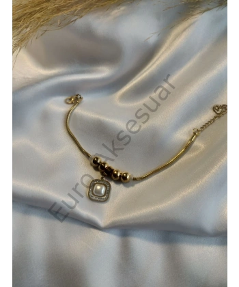 Beyaz Sedef Taş Detaylı Çelik Charm Bileklik