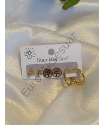 Çelik Hayat Ağacı Figürlü Çoklu Küpe