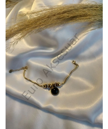 Çelik Siyah Charm Detaylı Bileklik