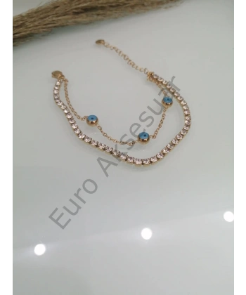 Çelik Zirkon Taşlı Nazar Boncuğu Detaylı Bileklik