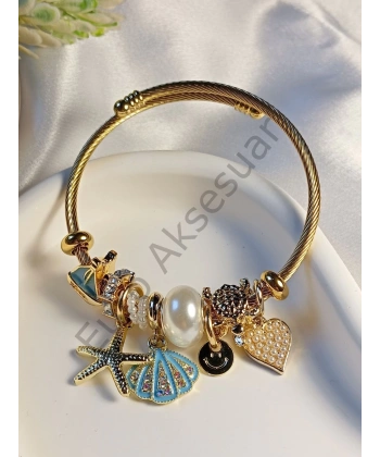 Charm Detaylı Mavi Deniz Kabuğu Figürlü Bileklik