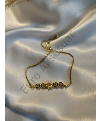 Çiçek Detaylı Gold Zirkon Taş Detaylı Asansörlü Bileklik