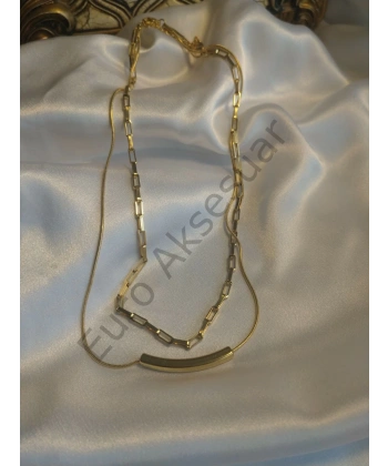 Çift Zincir Detaylı Gold Çelik Kolye