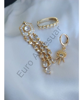 Gold Çelik Zirkon Taşlı Üçlü Küpe