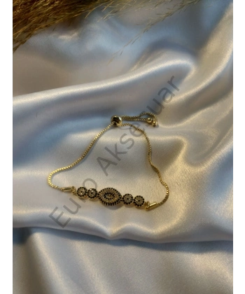 Gold Göz Detaylı Zirkon Taşlı VIP Bileklik