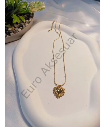Gold Kalp Detaylı Çelik Kolye