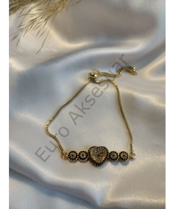 Gold Kalp Detaylı Zirkon Taşlı Asansörlü Bileklik