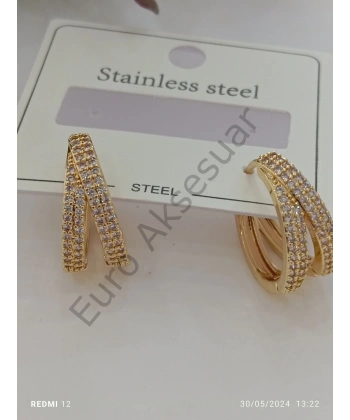 Gold Renk Çelik Taş Detaylı Küpe