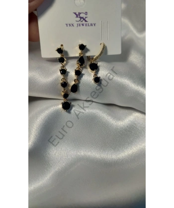 Gold Siyah VIP Üçlü Küpe