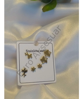 Gold Yonca Detaylı Çoklu Küpe