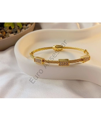 Gold Zirkon Taşlı Mıknatıslı Çelik Kelepçe Bileklik