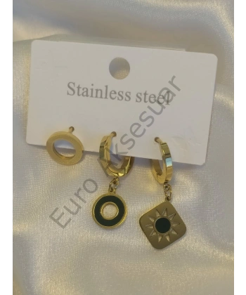 Halka Detaylı Çelik Üçlü Küpe