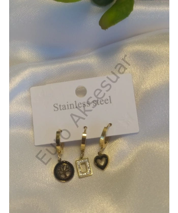 Hayat Ağacı Detaylı Çelik Üçlü Küpe