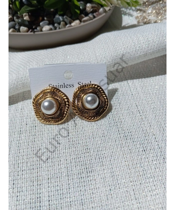 İnci Detaylı Taşlı Çelik Küpe