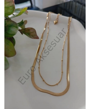 İtalyan Zincir Detaylı Çelik Çiftli Kolye