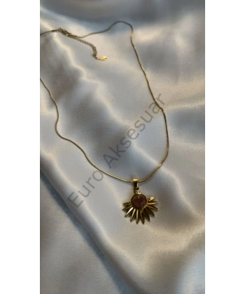 Kahverengi Doğaltaşlı Çelik Kolye