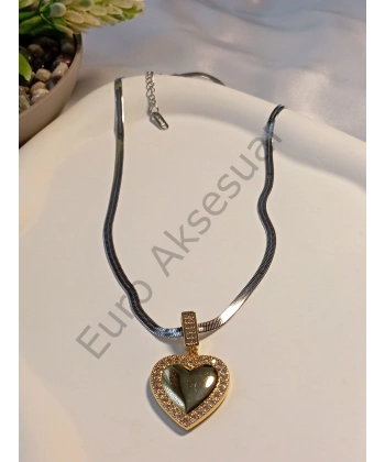 Kalp Detaylı Silver İtalyan Zincirli Çelik Kolye