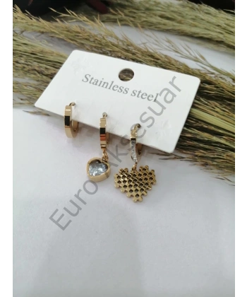 Kalp Detaylı Çelik Üçlü Küpe