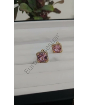 Kare Pembe Zirkon Taşlı Çelik Küpe