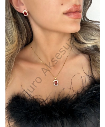 Kırmızı Taş Detaylı Çelik Kolye, Küpe Seti