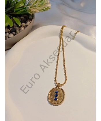 Lacivert Taş Detaylı Çelik Firuze Kolye